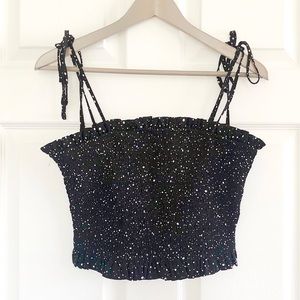 Stretchy Shirred Polka Dot Crop Top with Tie Shoulder